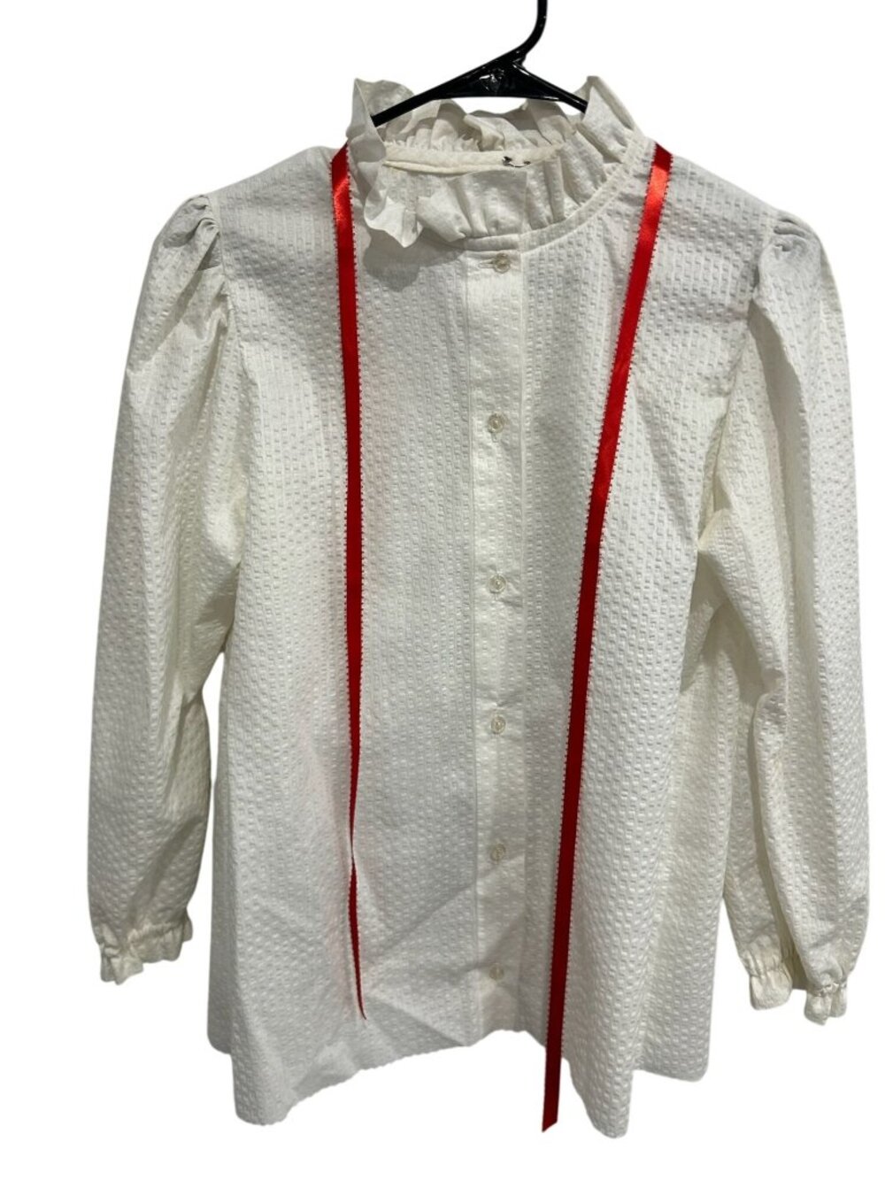 White Ruffle Neck Medium Blouse Puff Sleeves Red Ribbon Accents Victorian Style